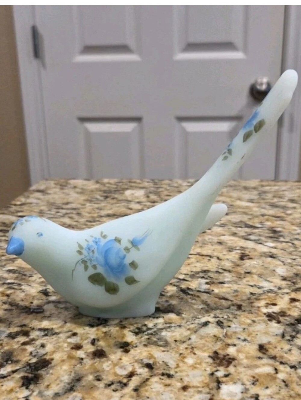 Fenton Blue Satin Glass Bird of Happiness - Handpainted Flowers - Vintage